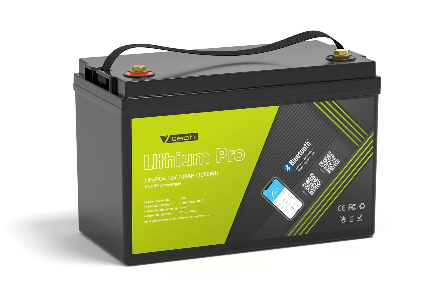 V-Tech 100Ah Lithium Pro solcellebatteri Bluetooth
