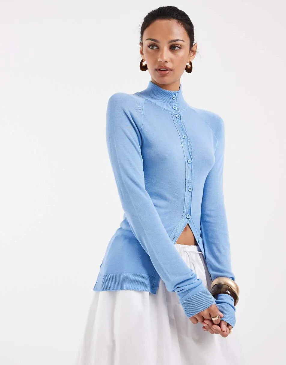ASOS DESIGN fine knit sheer funnel neck cardigan in blue