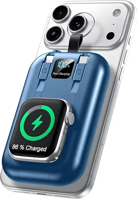 Magnetic Portable Charger 10000mAh,22.5W USB C Fast Charging Wireless Power Bank with Built-in Cables,Smart LED Display Travel Essentials Battery Pack for iPhone 17/16/15/14/13 Series,Apple Watch