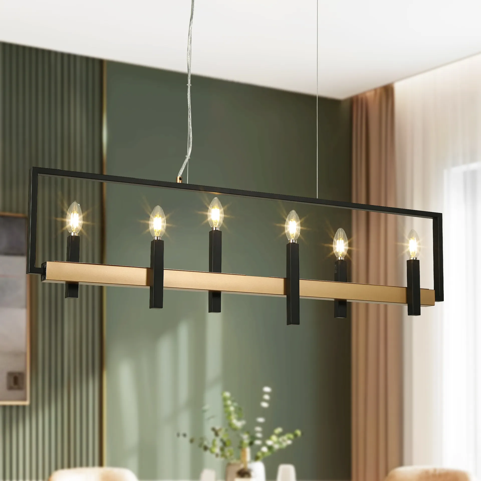 LNC Butterscouch 39.4'' 6 -Light Matte Black and Gold Modern/contemporary Linear Large Hanging Chandelier