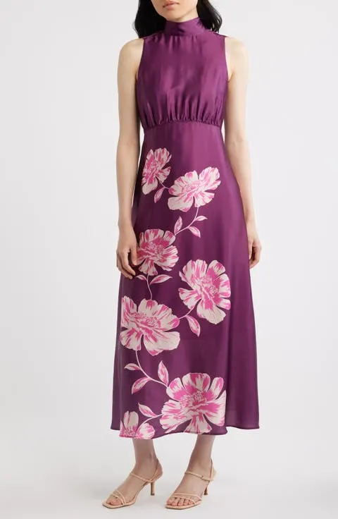 Floral Print Sleeveless Satin Maxi Dress