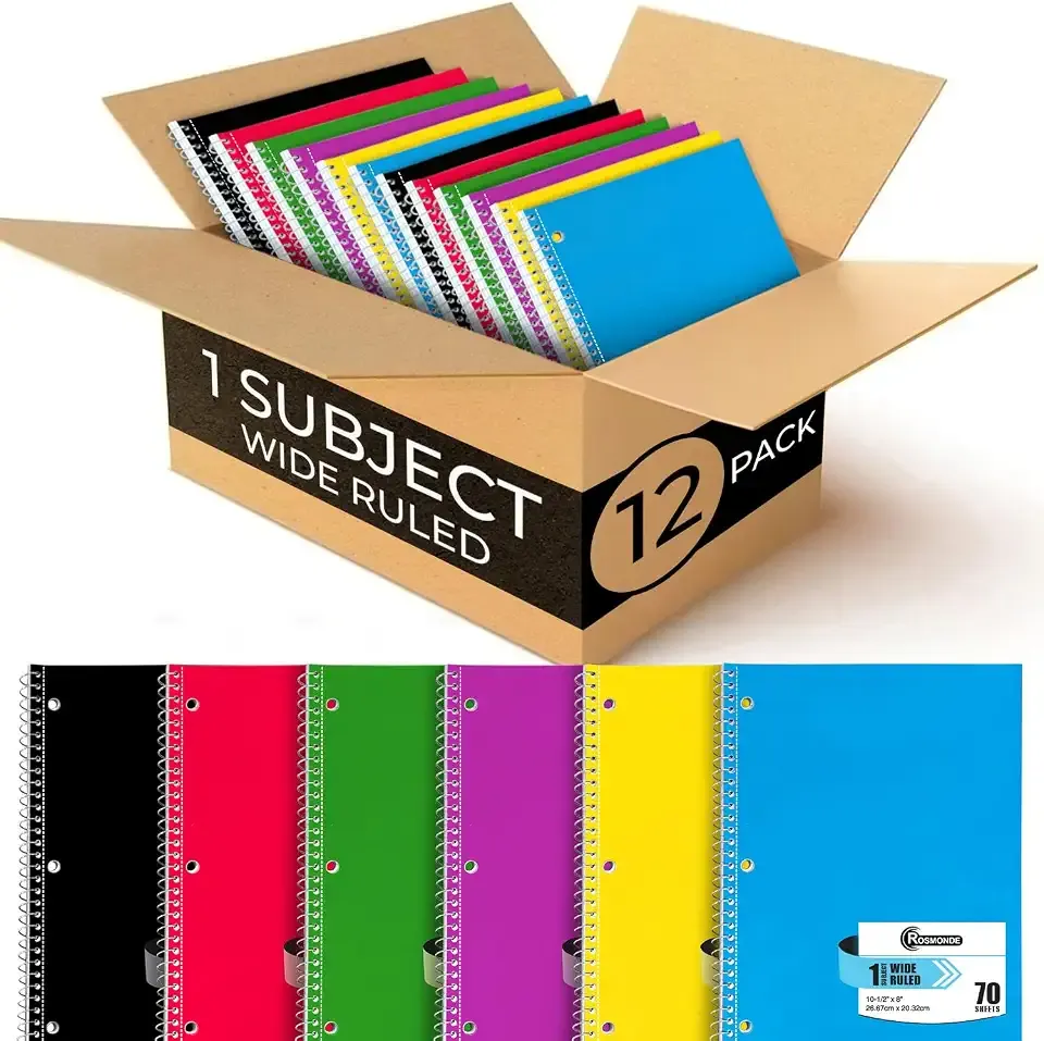 Rosmonde 12 Pack Spiral Notebooks, 1 Subject Notebook, Wide Ruled, Assorted | Bulk Wide Ruled Notebooks For School, 70 Sheets (140 Pages), 8 x 10-1/2", 3 Hole Punched, Single Subject Spiral Notebook Bulk