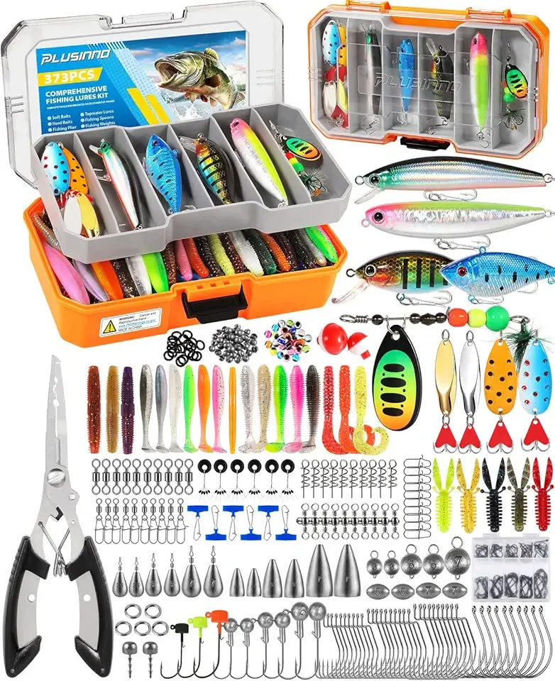 PLUSINNO Fishing Tackle Box with Tackle Included, 373PCS Fishing Lures Kit with Removable Tray, Fishing Gear with Pliers, Weights, Hooks, Accessories, Fishing Tackle Lure Kit Gifts for Men Bass Trout