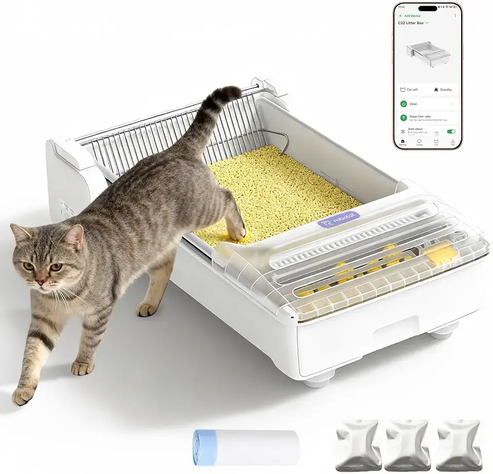 Open Top Automatic Self Cleaning Cat Litter Box, Extra Large Electric Cat Litter Box with APP Control Health Monitor, Smart Litter Tray for Multiple Cats, Anti-Pinch, Come with 20 Liners