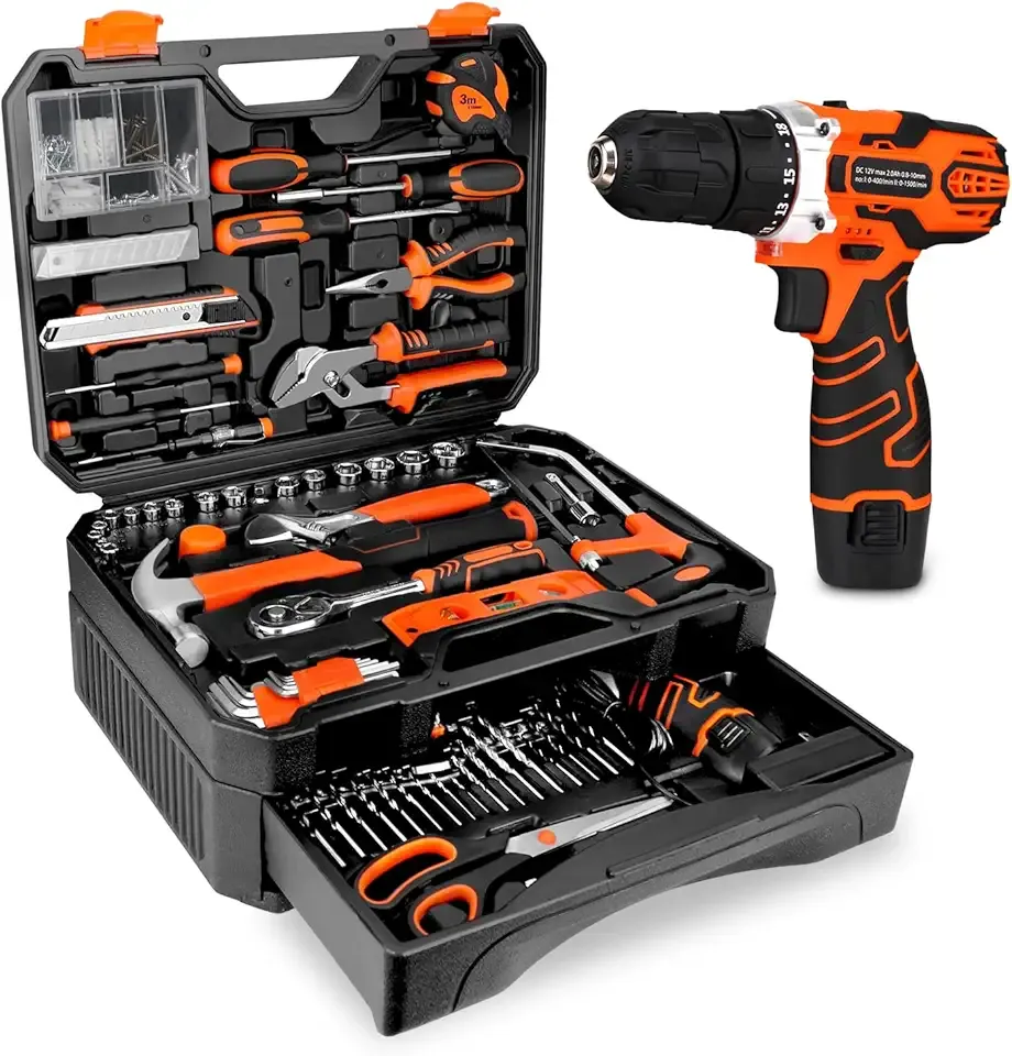 255-Piece Tool Set - Tool Kit with 12V Cordless Drill Driver, Toolbox Storage Case with Drawer, General Household Drill Set for DIY Projects, Home Repairs, Handyman