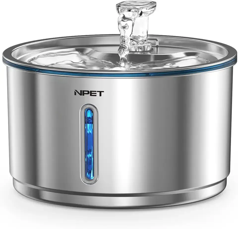 NPET Stainless Steel Cat Water Fountain, 1 Gallon/135oz Automatic Pet Drinking Fountain Dog Water Dispenser Bowl with Water Level Window for Cats Indoor - WF210Plus