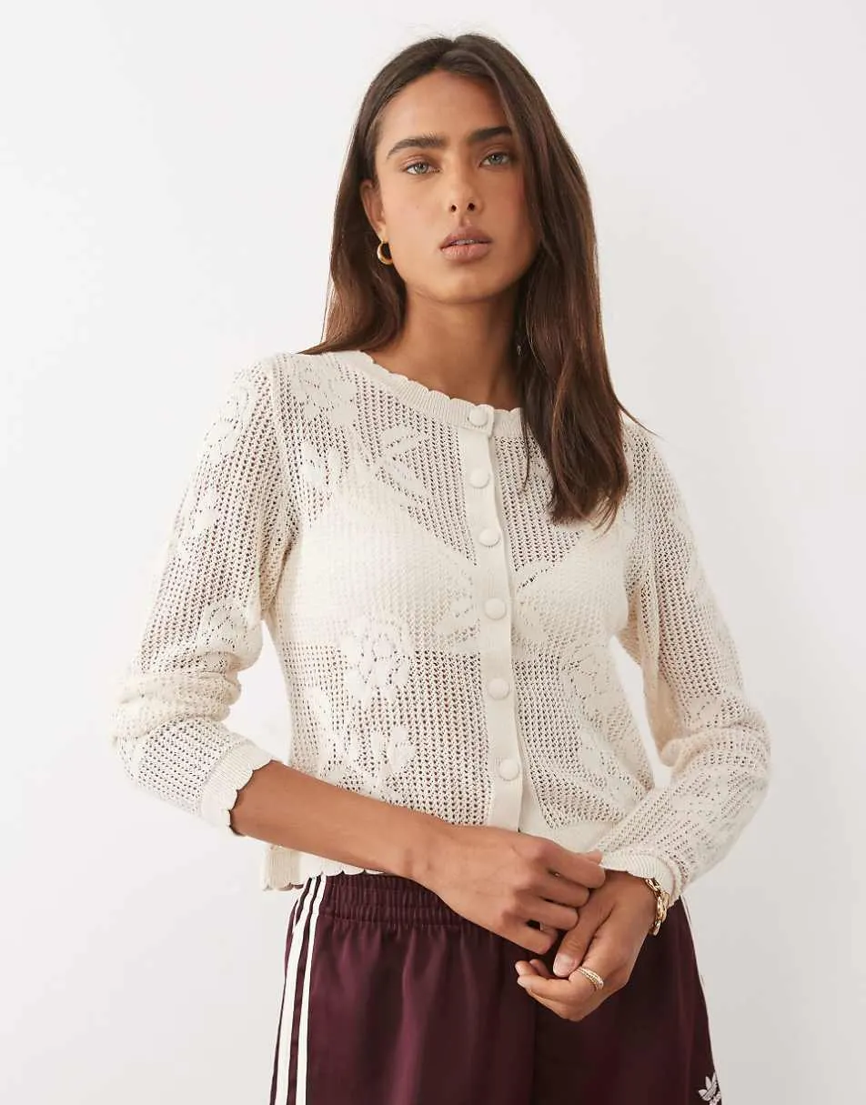 ASOS DESIGN knitted sheer lace floral cardigan in ecru