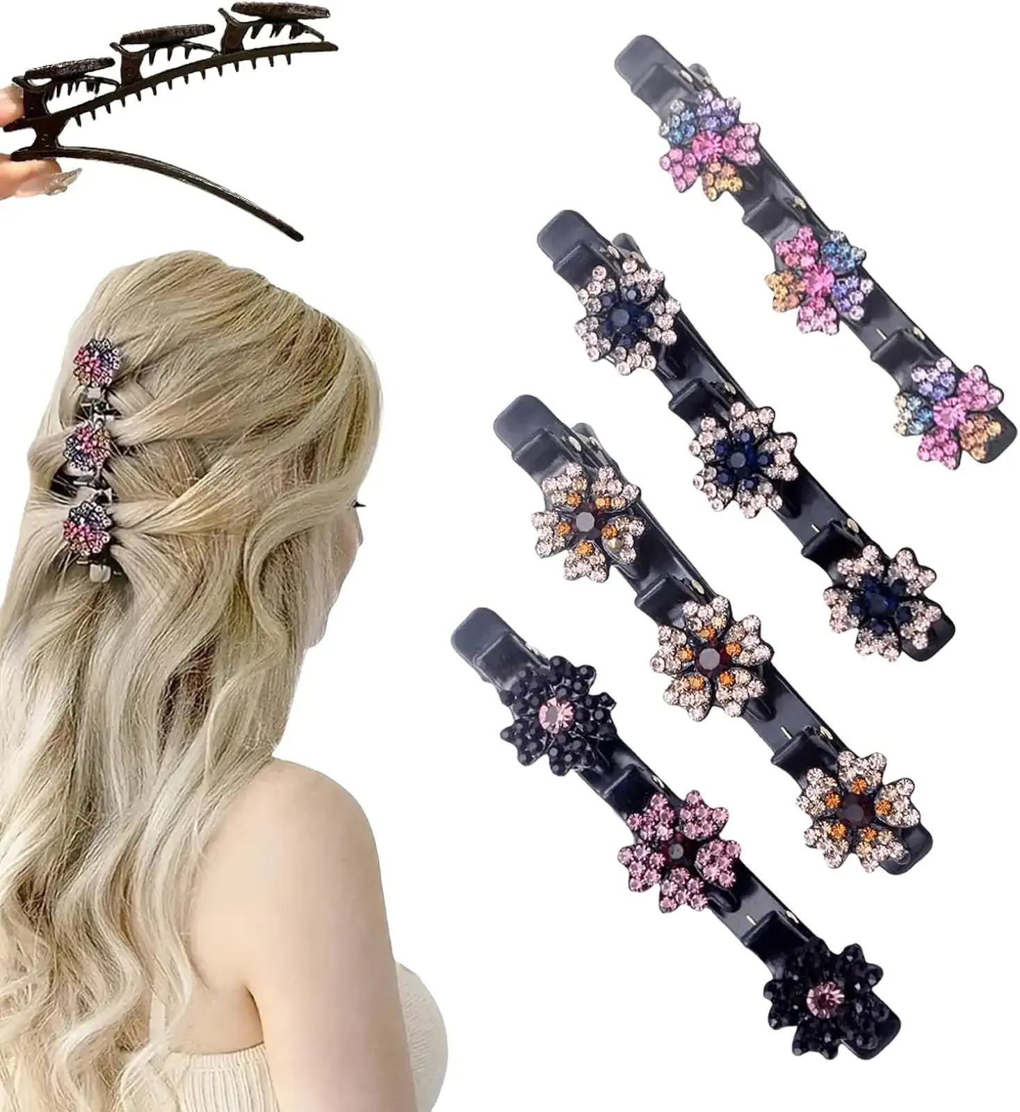 Sparkling Crystal Stone Braided Hair Clips for Women and Girls, 2025 New Rhinestone Hair Clips Hair Braid Clips, Easily Braided Hair Bands, Shiny Rhinestone Hair Clip (Mix, 4PCS)