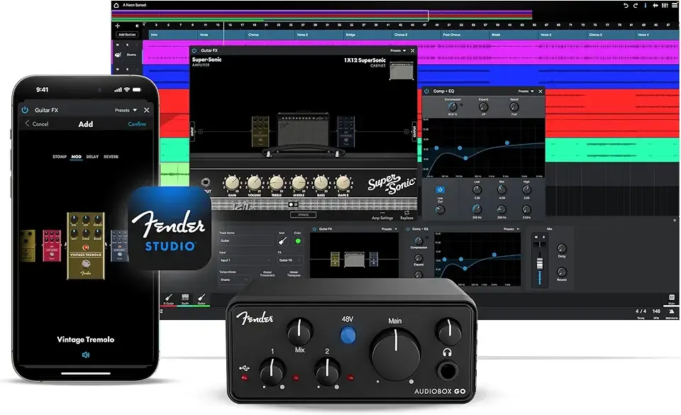 Fender AudioBox GO USB Audio Interface, for Guitarist, Vocalist, or Producer. Includes easy to use software, Fender Studio app, Amp and FX pack to create Studio Quality recordings. PC/Mac