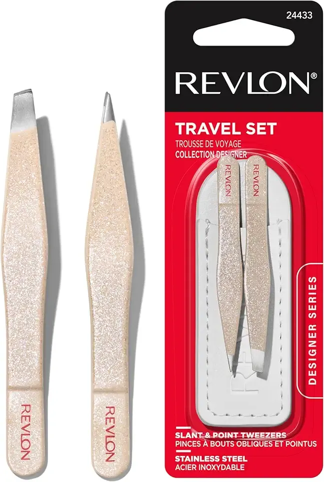 Revlon Designer Series Mini Tweezer Set, Hair Removal Tool Kit with Slant & Point Tips, Portable and Easy to Use, Made with Long Lasting Stainless Steel, 1 Count
