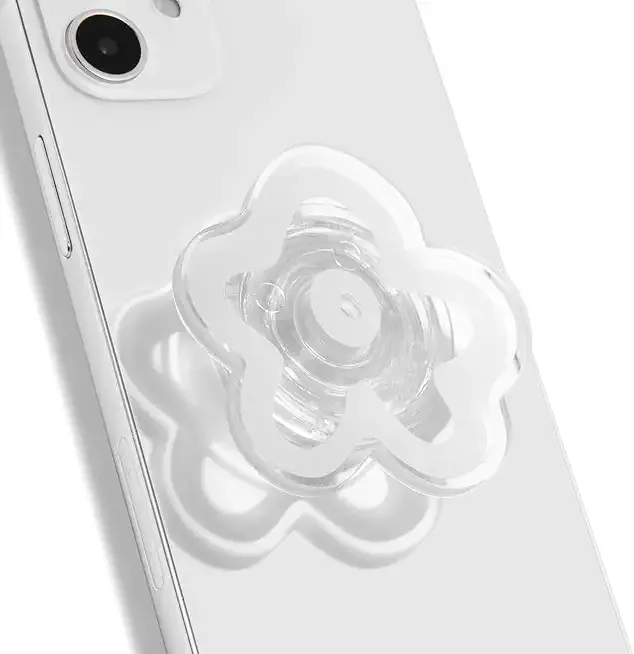 OnTheGrip Cute Transparent Daisy Flower Shape Design Mobile Phone Grip Multi Functional Collapsible Stand Holder for Smartphone Tablet Cell Phone Accessory (White)