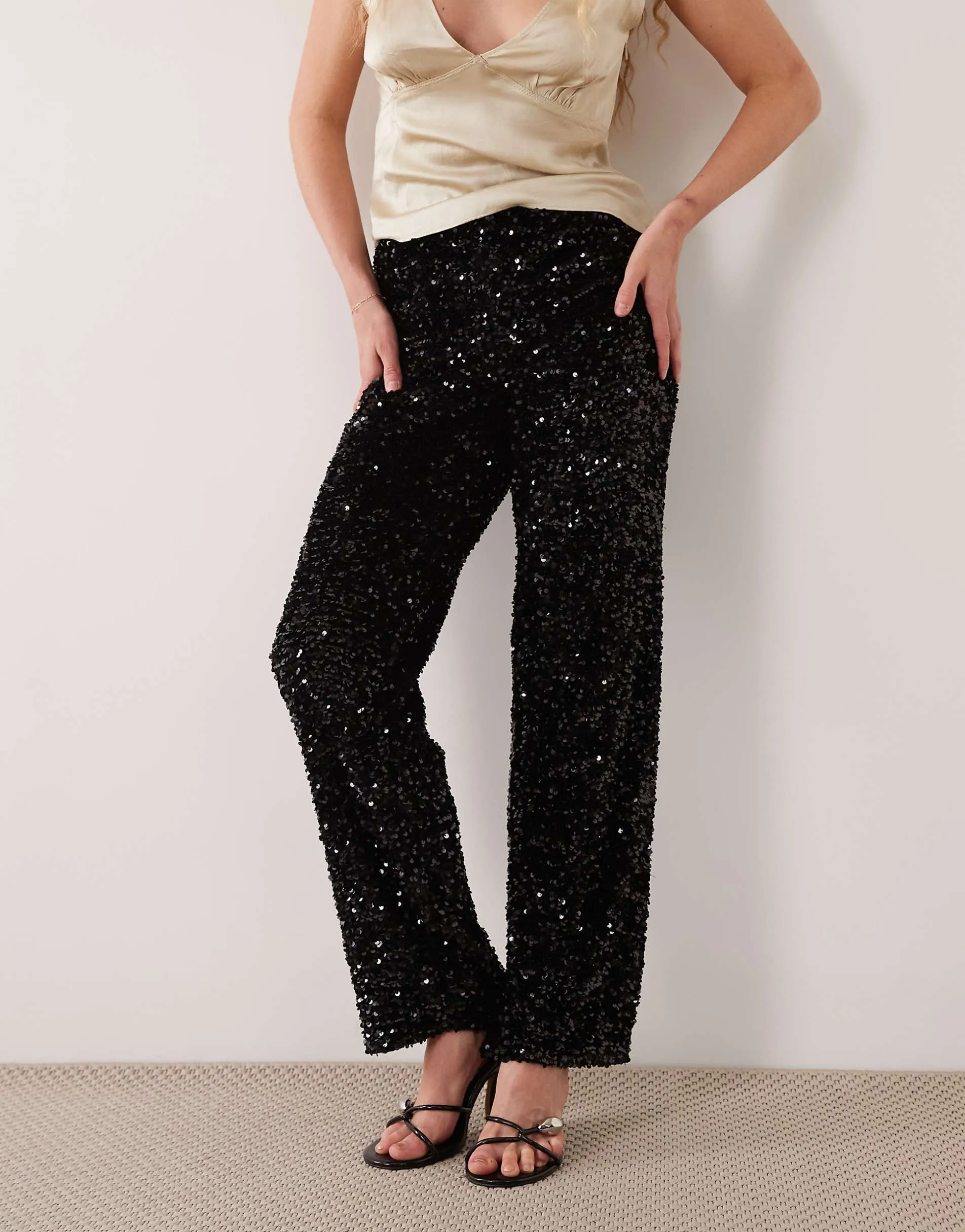 Pieces wide leg velour sequin trousers in black