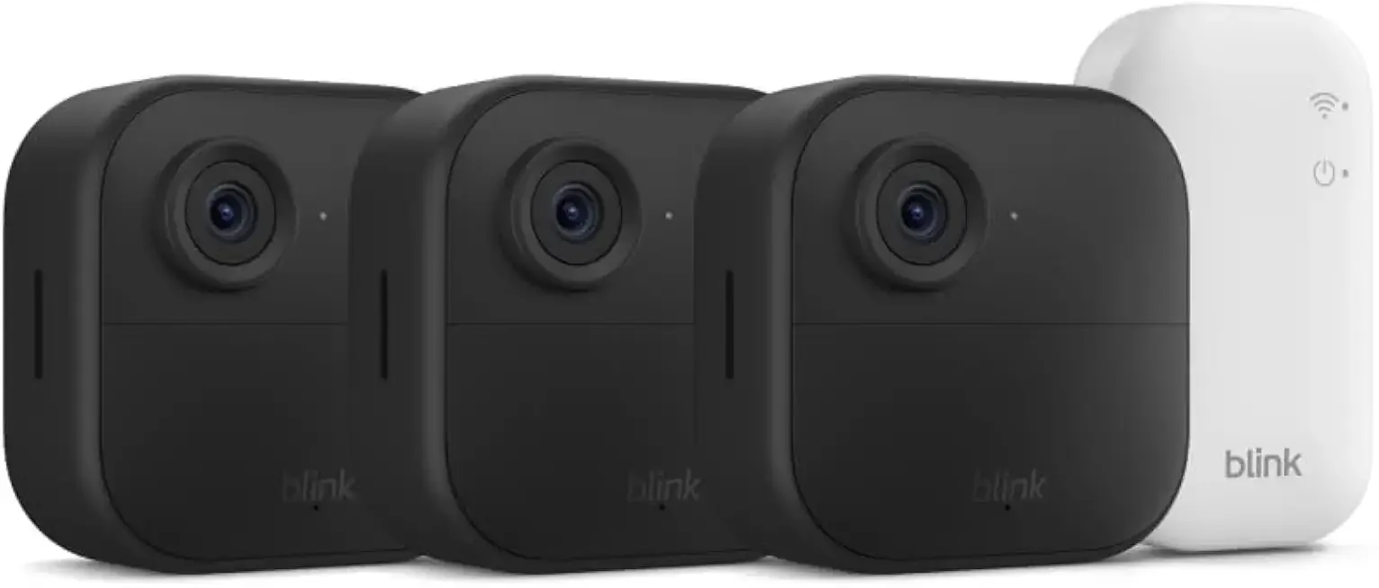 Blink Outdoor 4 – Wireless smart security camera, two-year battery life, 1080p HD day and infrared night live view, two-way talk. Sync Module Core included – 3 camera system