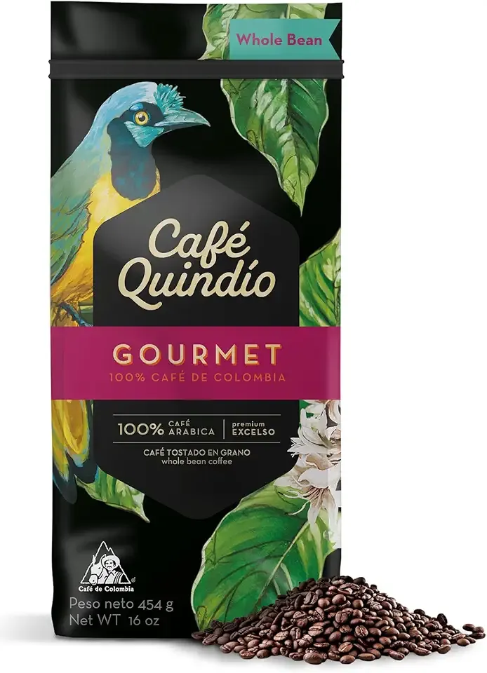 Cafe Quindio Gourmet - Medium Roast 100% Colombian Excelso Whole Bean Arabica Coffee - 16 Ounce Bag (454g)