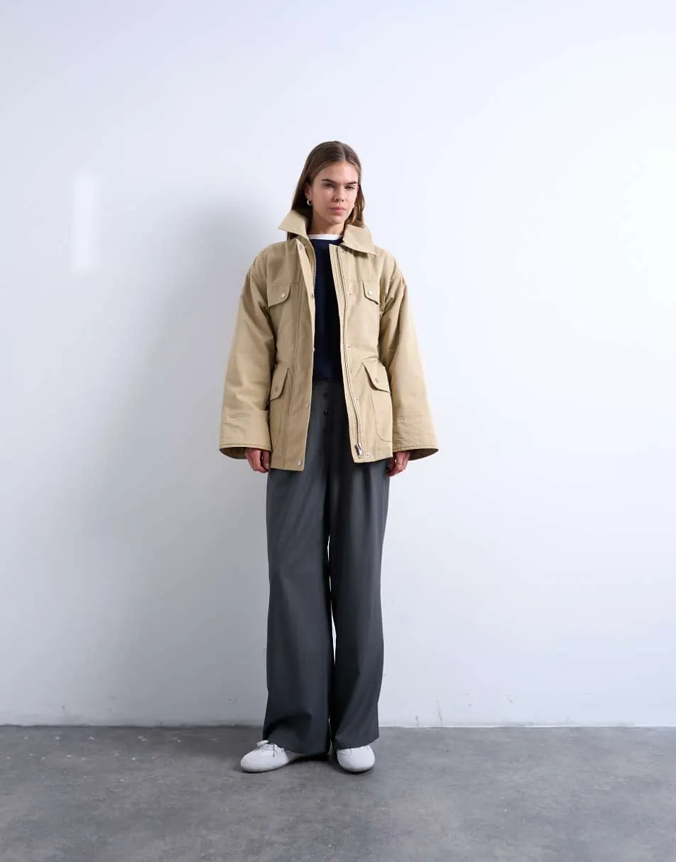 Topshop 4 pocket cotton shacket with quilted lining in beige