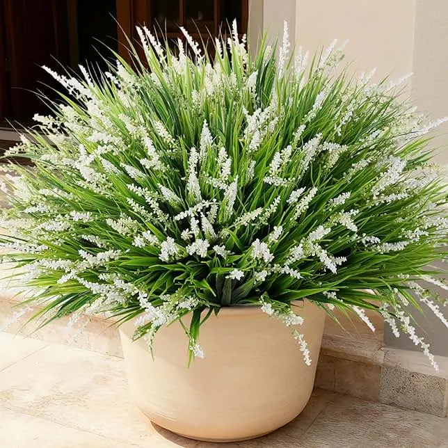Ivydale 20PCS Artificial Plants Fake Flowers Monkey Grass for Outdoors,UV Resistant Realistic White Faux Greenery Shrubs Outside Decor for Home Garlan…