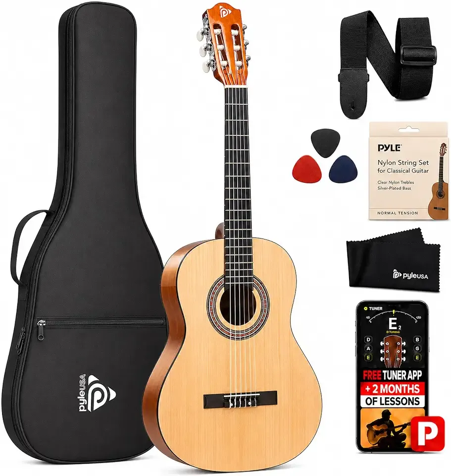 Pyle 36-Inch Beginner Classical Acoustic Guitar Kit, 3/4 Size Junior Nylon String Guitar for Kids and Adults, Includes Gig Bag, Strap, Spare Strings, Picks, Cleaning Cloth, 18 Frets, Natural, Gloss