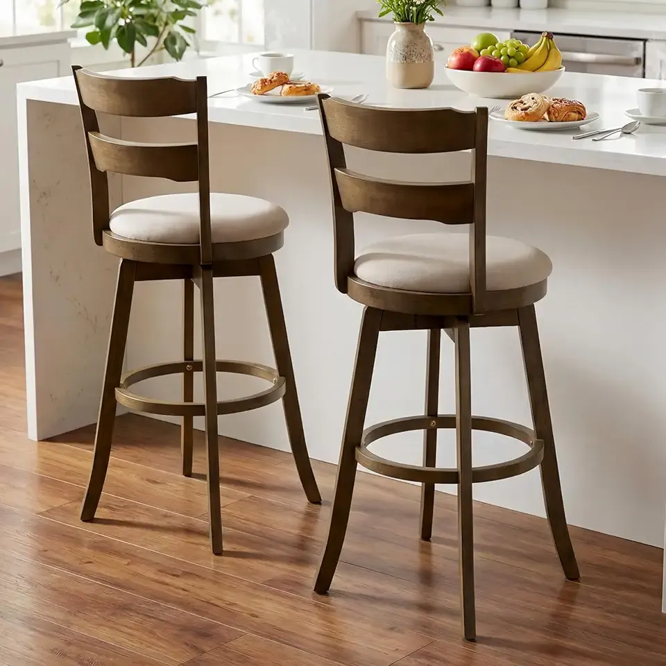 COSTWAY 30.5” Swivel Barstools Set of 2, 360° Rotating Bar Height Chairs with Backrest & Upholstered Seat, Rubber Wood High Top Seats with Footrest for Kitchen Island (2,30.5")
