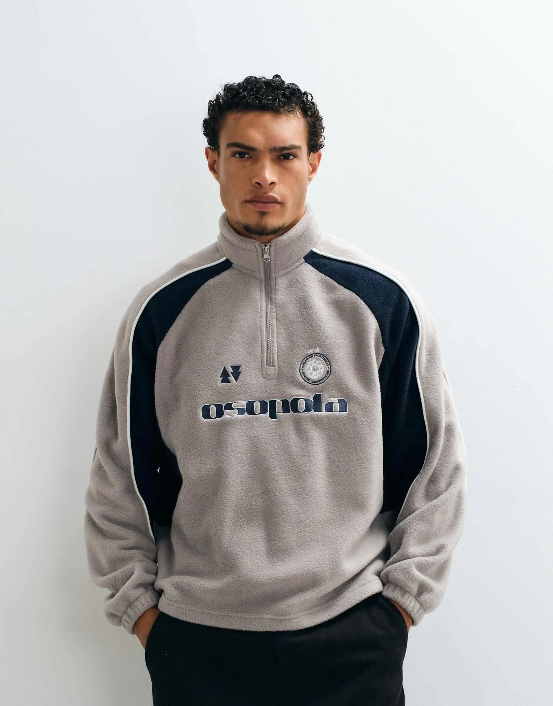 ASOS DESIGN relaxed funnel neck fleece with cut & sew panels and embroidery print in grey