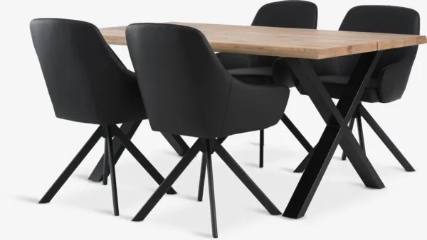 ROSLEV L160 tafel naturel eiken + 4 ROSTRUP stoelen zwart