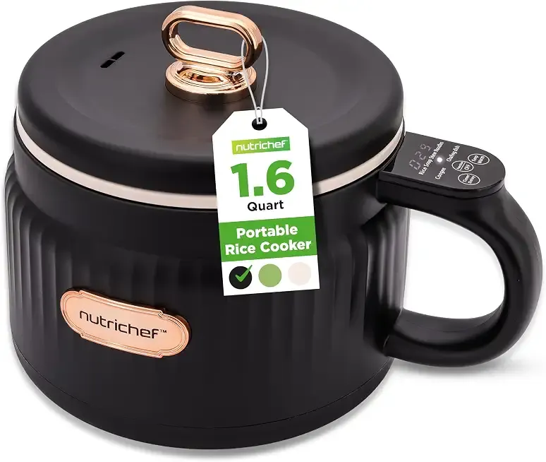 NutriChef 1.6 QT Portable Electric Rice Cooker & Lunch Maker | Multi-Functional & Non-Stick Ceramic Coating | Digital Control Panel | 6 Cook Functions: Rice, Soup, Stew, Porridge & More | Black