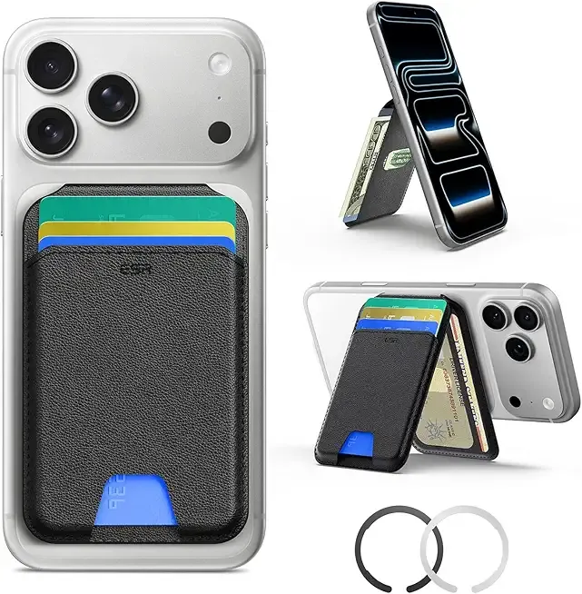 ESR for MagSafe Wallet with Stand, 5 Card Holder for Phone Case, RFID Blocking with MagSafe Ring, Slim Leather Magnetic Wallet for iPhone 17/16/15/14/13/12 Series(Not for Mini), Selected Samsung,Black