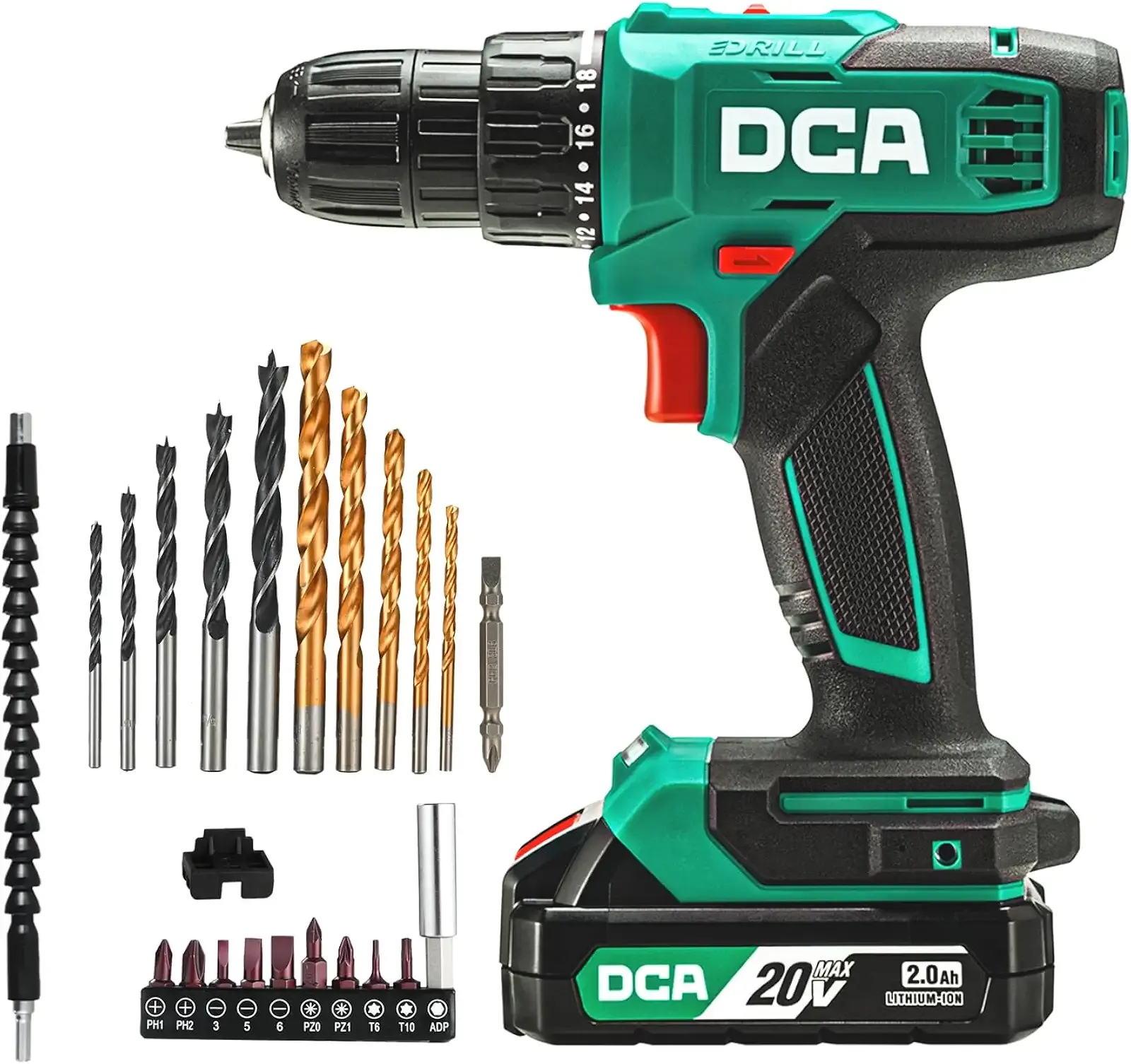DCA Cordless Drill Set, 354 in-lbs Torque, 3/8" Keyless Chuck, Electric Power Drill with 2.0Ah Battery and Charger,18+1 Position,25-Piece 20V Drill Driver Kit, ADJZ2035