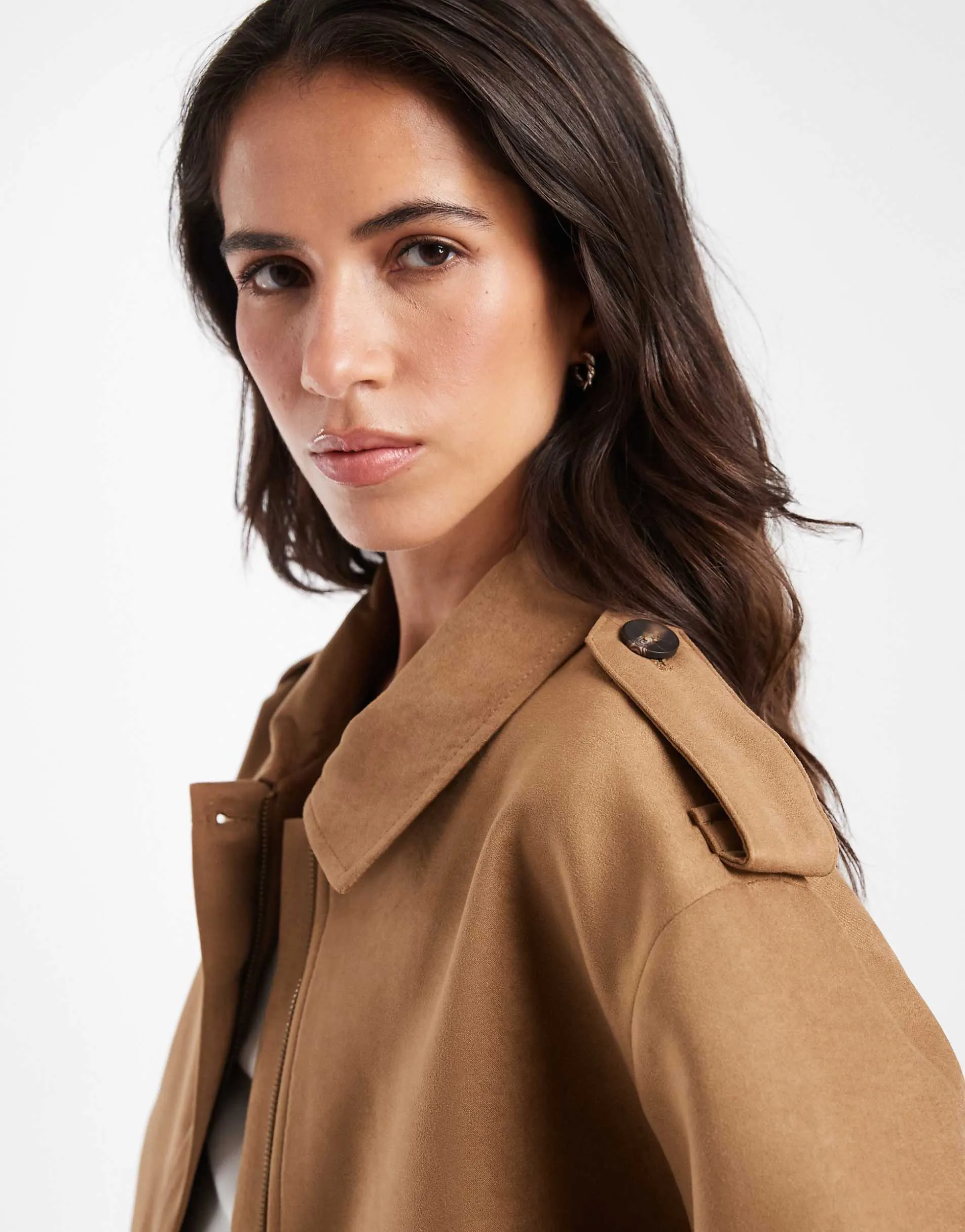 ASOS DESIGN top collar faux suede bomber jacket in tan
