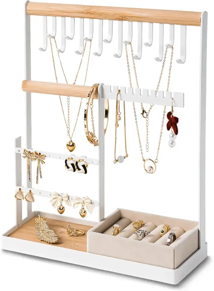 DreamGenius Jewelry Organizer Stand with Velvet Ring Holder, 4 Tier Jewelry Holder Organizer with 15 Hooks for Necklaces and 16 Holes for Earrings, White
