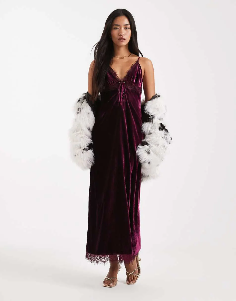 Miss Selfridge velvet and lace cami maxi dress in burgundy