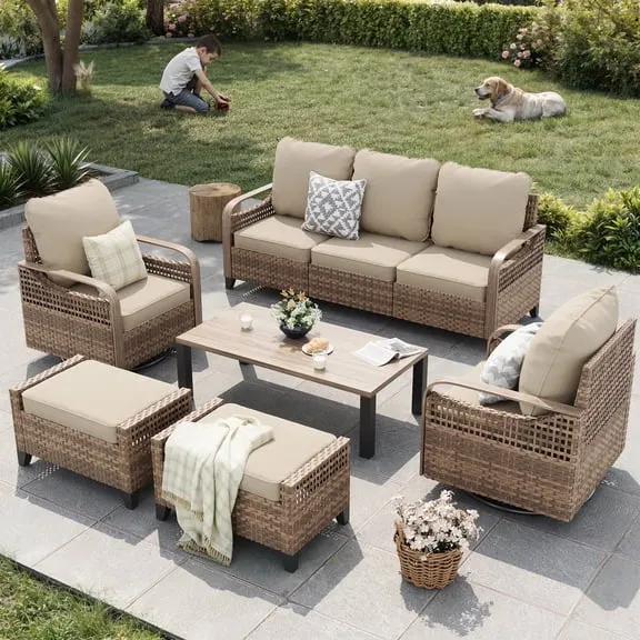 ELPOSUN 7-Seat Outdoor Patio Furniture Set - Modular Wicker Sectional Sofa with Swivel Chairs & Thickened Cushions for Garden, Porch, Yard, and Poolside $669.99 Was $725.99