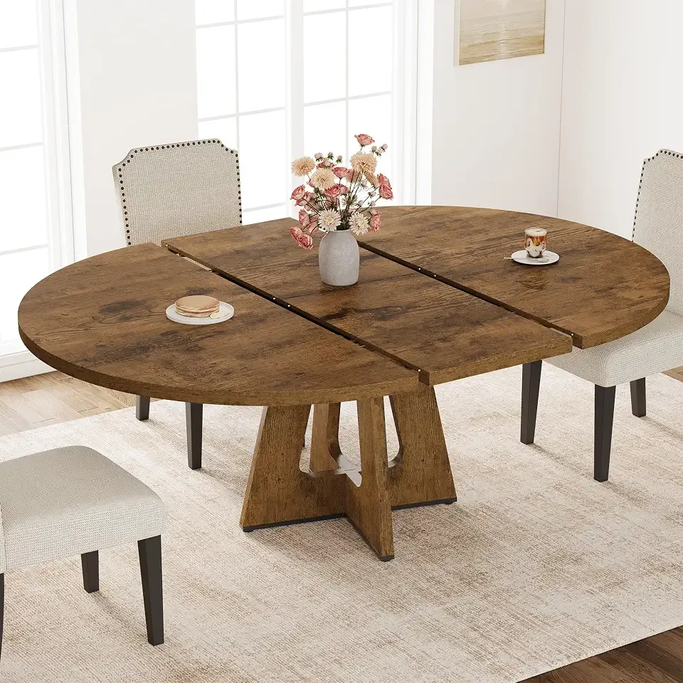 Garvee 47"-63" Extendable Round Dining Table for 4-8 (Table Only) Vintage | Oval Dinner Table with Wooden Cross Pedestal Base, Farmhouse Kitchen Circle Furniture for Dining Room, Living Room, Kitchen