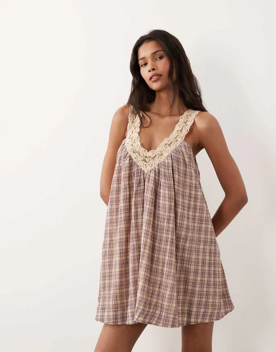 ASOS DESIGN v neck smock poplin mini sundress with tea stained lace overlay in pink check