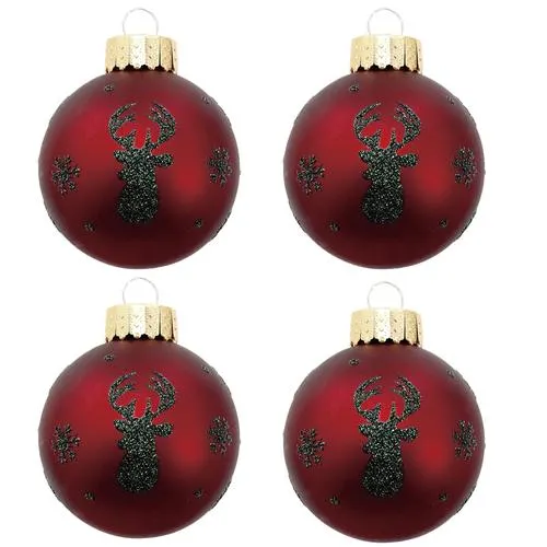 Enchanted Forest® 2.75" Red with Green Glitter Deer Heads Glass Ornaments - 4 Pack