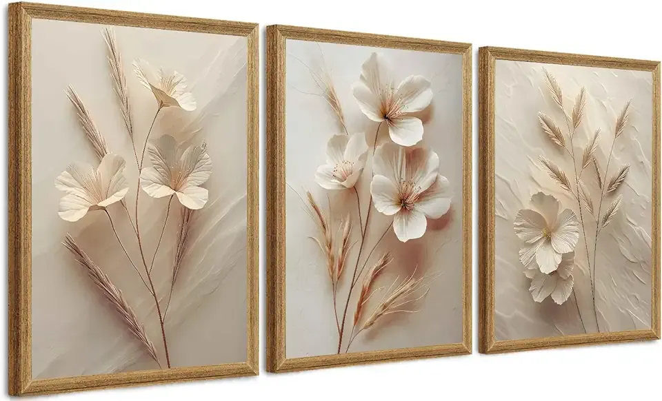 FYLDPSB 3Pcs Framed Neutral Beige Floral Canvas Wall art, Modern Simple Texture Plant Painting Wall Decor, Vintage Flower Poster Prints for Living Room Bedroom Farmhouse Ready to Hang 16''L x 12''W