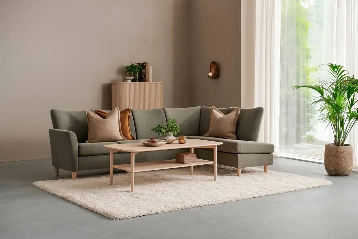 Brunstad Oda hjørnesofa Modulsofa. Oppsett C53V (3-vinkel-endehøyre) stoff Saga Forest, ben hvitpigmentert