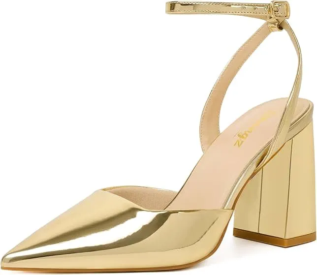 RIBONGZ Block Heels for Women Closed Pointed Toe Heeled Slingback Chunky High Heel Ankle Strap Pumps Patent Leather Comfort Dressy Sho…