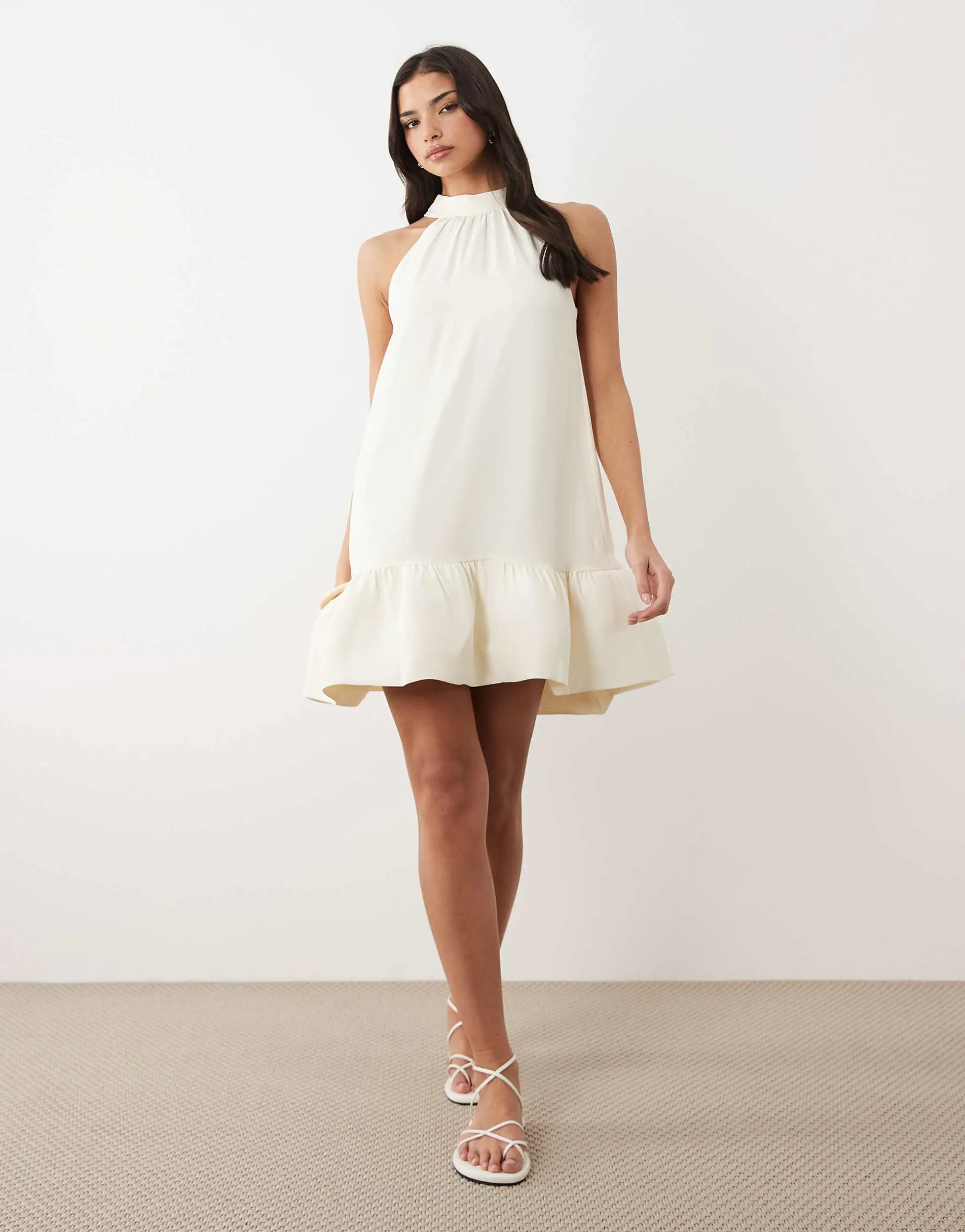 Gina Tricot halterneck mini frill dress in cream