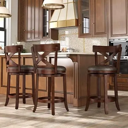Sophia & William Swivel Bar Stools Set of 3, 26 Inch Counter Height Barstools with Cross Back & Solid Wood Legs, Faux Leather Bar Chairs for Kitchen Island Sophia & William Swivel Bar Stools Set of 3, 26 Inch Coun…