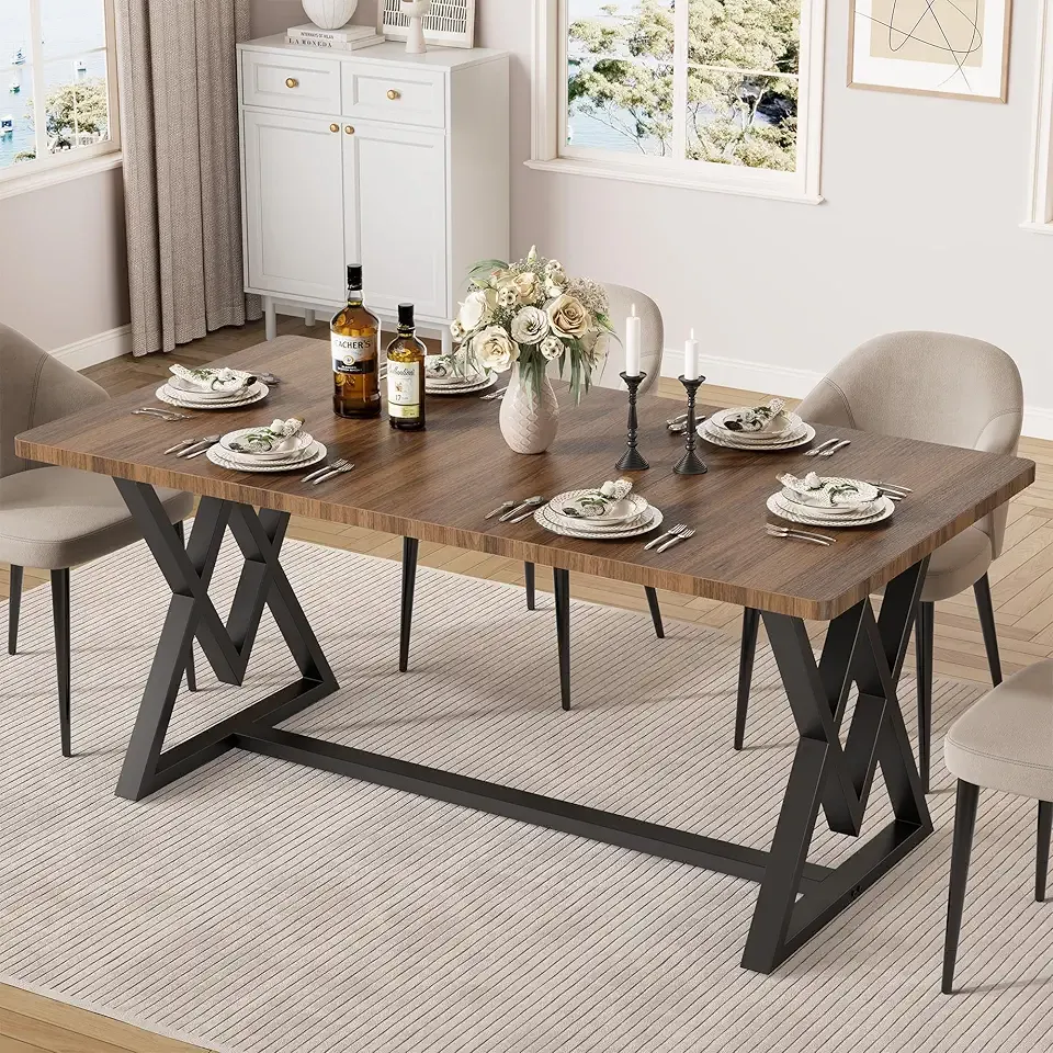 IRONCK 63" Dining Table for 4-6, Modern Rectangular Kitchen Table with Sturdy Metal Frame & Geometric Legs for Dining Room, Easy Clean-Brown
