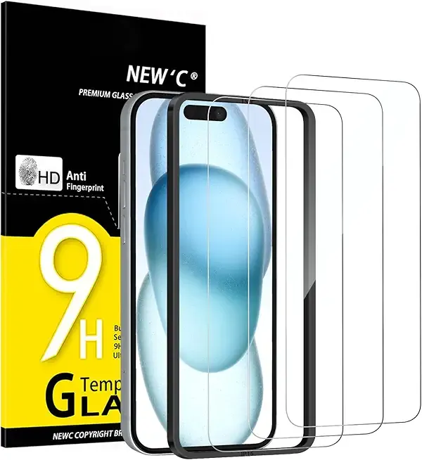 NEW'C 3 Pack Designed for iPhone 16, iPhone 15 Screen Protector (6.1 inches),Enhanced Tempered Glass Protection with easy installation tool included,Ultra Resistant | Tempered Glass, Case Friendly, Ultra Resistant