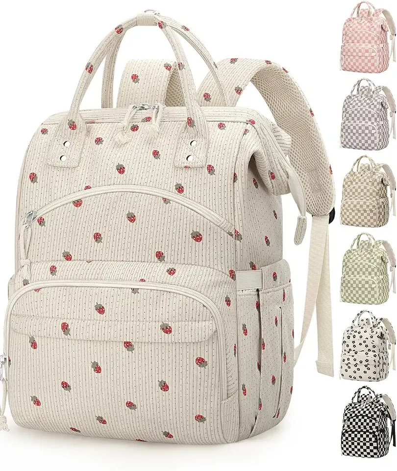 Corduroy Diaper Backpack for Mom,Travel Baby Diaper Bag for Grirls&Boys | Mommy Bag with Insulated Pockets,Stroller Straps,Water Resistant Travel Essentials Baby Bag for Hospital Daycare,Strawberry