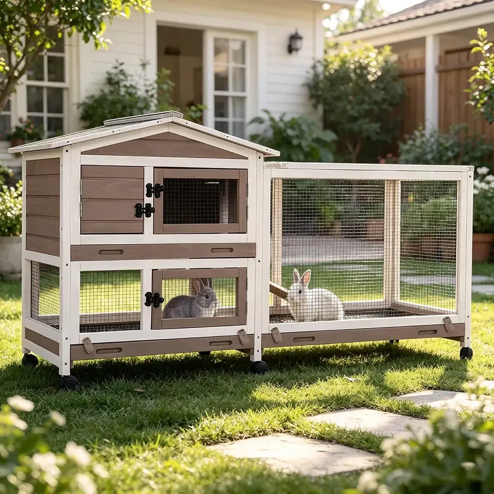 GUTINNEEN Rabbit Hutch with Chew-Resistant Ramp Indoor Bunny Cage Outdoor Guinea Pig Cage with Wheels and Leakproof Tray