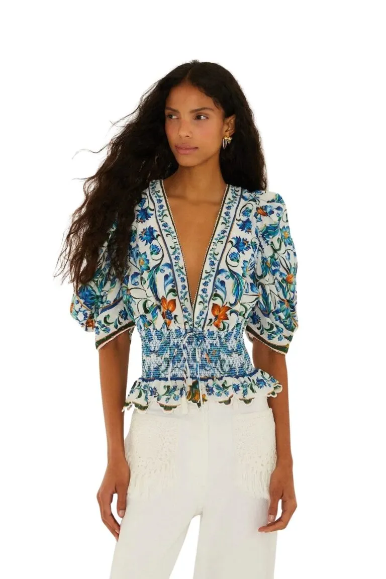 Flora Tile Smocked Organic Cotton Blouse - Off-white