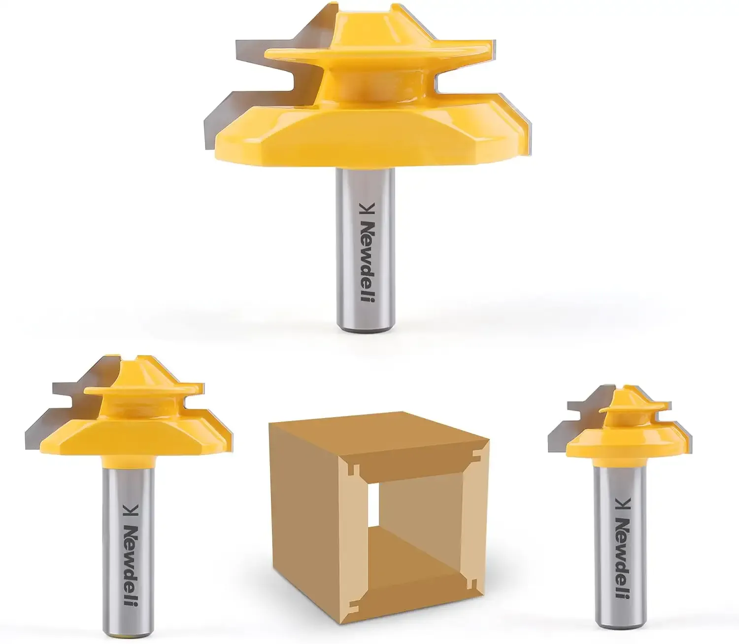 Newdeli 3PCS 45 Degree Lock Miter Router Bit Set 1/2 Inch Shank for 1/2”, 3/4", 1" Cutting Height Joint Router Bits for Creating Lock Miter Joint