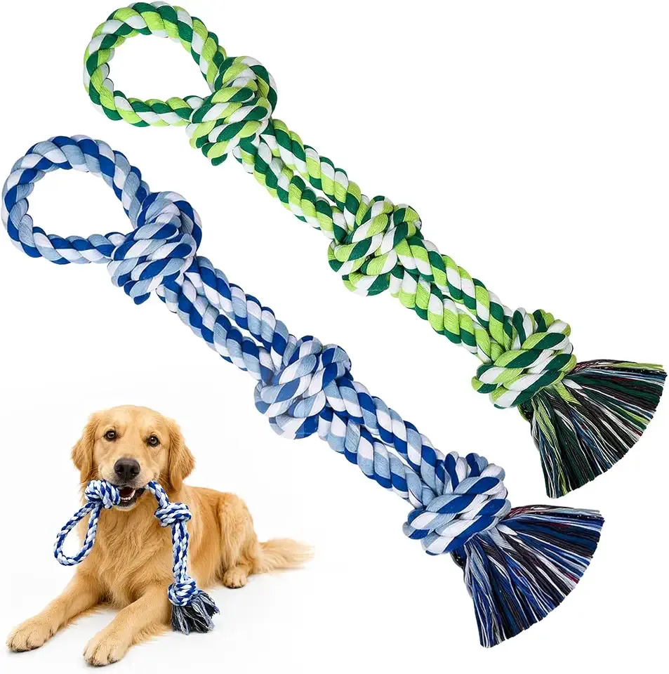 Dog Rope Toys for Aggressive Chewers, 2 Pack Tough Dog Chew Toys | Heavy Duty Tug of War Dog Toys for Large Medium Dogs, 3 Knots Cotton Large Dental Rope Toys for Teeth Cleaning