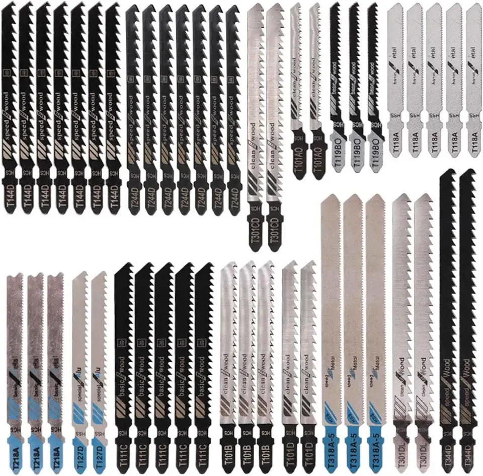 48pcs Jigsaw Blades, Contractor Assorted T Shank Jig Saw Blades Set, Multi-Purpose HCS/HSS Saw Blades for Wood, Plastic, Metal Cutting