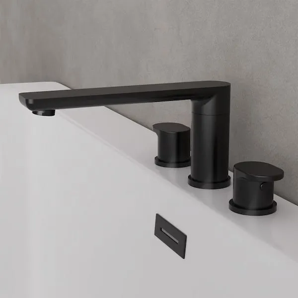 YAWWALK 3-​Hole Double Handle Deck Mount Roman Tub Faucet with 360° Swivel Spout in Matte Black