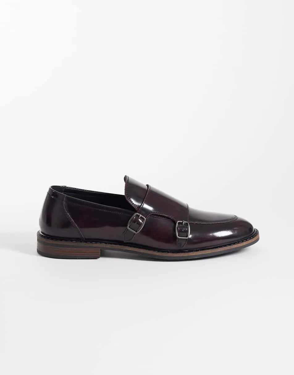 ASOS DESIGN monk shoes in burgundy polido leather