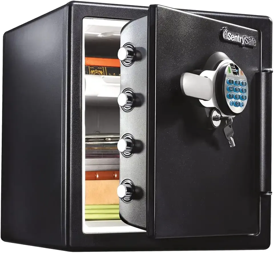 SentrySafe Fireproof and Waterproof Home Safe with Biometric Fingerprint Lock, Keypad, and Key Lock for Securing Money, Jewelry, Documents, 1.23 Cubic Feet, SFW123BTC